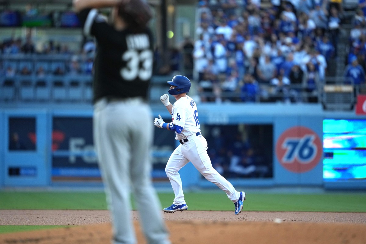 Will Smith of the Los Angeles Dodgers rounds the bases after