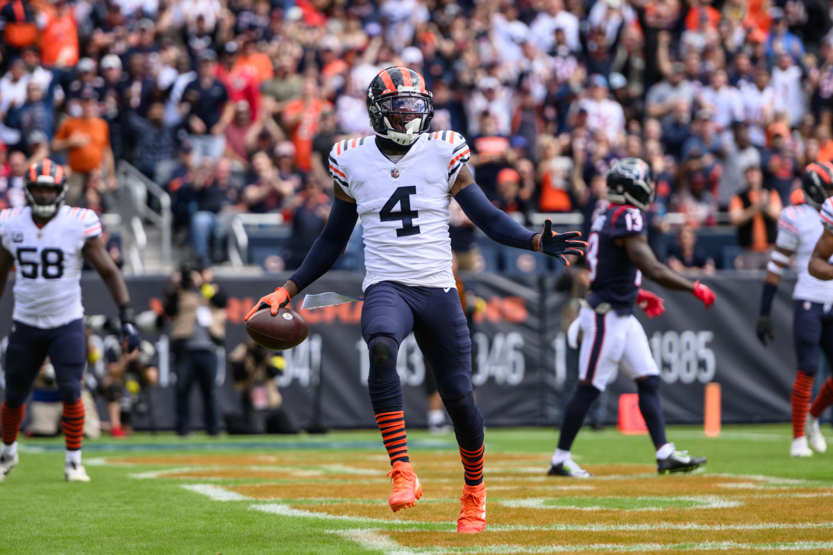 Sep 25, 2022; Chicago, Illinois, USA; Chicago Bears free safety Eddie Jackson (4) celebrates his interception in the first quarter against the Houston Texans at Soldier Field.
