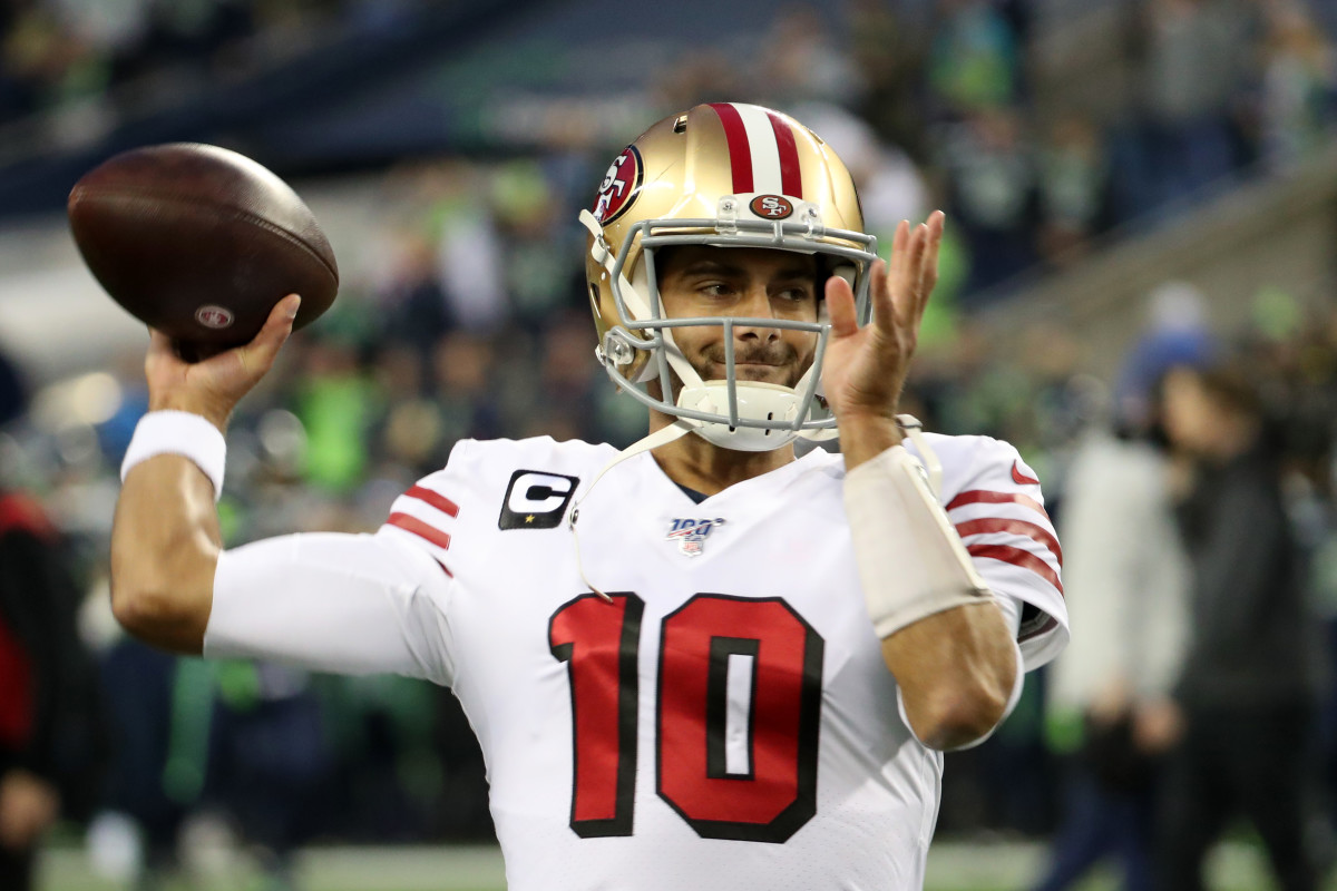 SEATTLE, WASHINGTON - DECEMBER 29: Quarterback Jimmy Garoppolo #10 of the San Francisco 49ers warms up before taking on the Seattle Seahawks during the game at CenturyLink Field on December 29, 2019 in Seattle, Washington. (Photo by Abbie Parr/Getty Images)