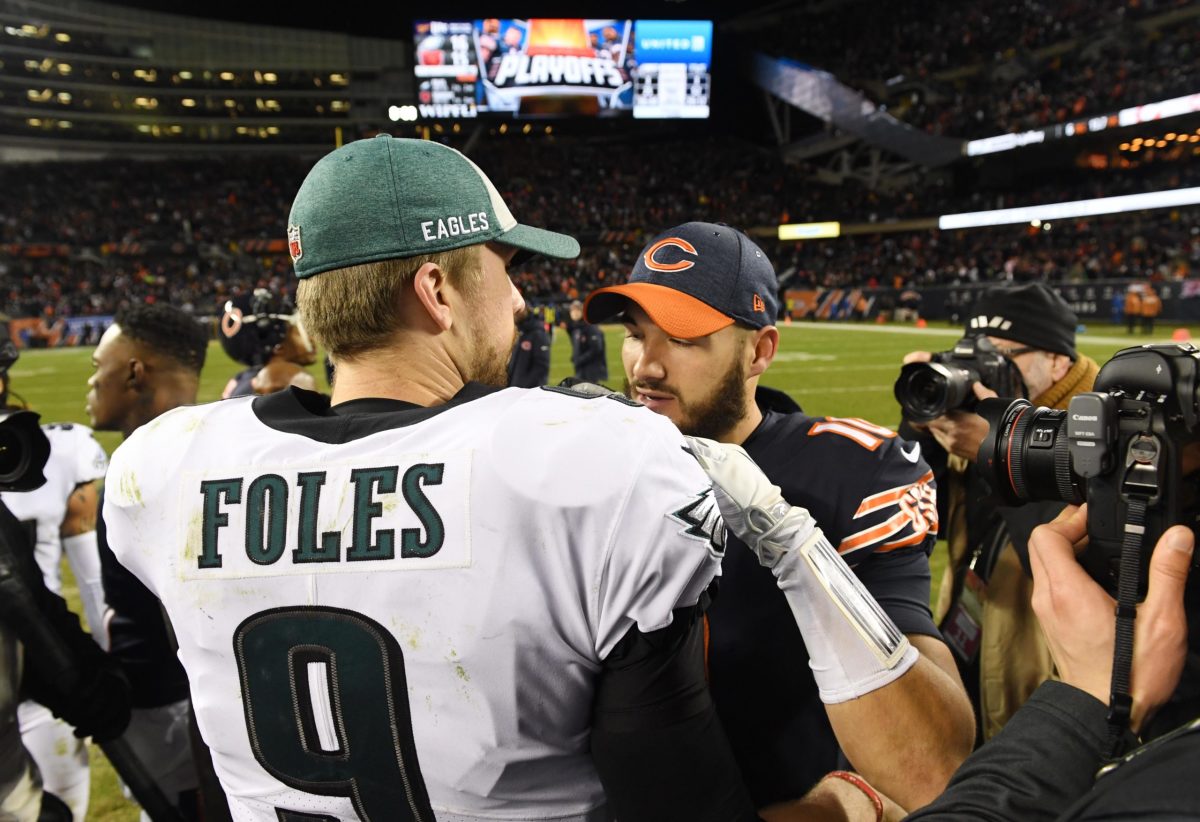 Jan 6, 2019; Chicago, IL, USA; Philadelphia Eagles quarterback Nick Foles (9) greets Chicago Bears quarterback Mitchell Trubisky (10) after a NFC Wild Card playoff football game at Soldier Field. Mandatory Credit: Mike DiNovo-USA TODAY Sports