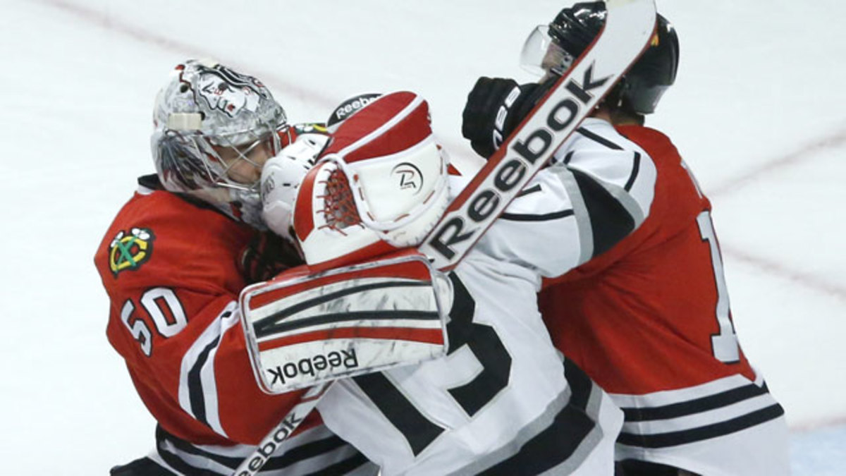 Corey Crawford comes to the defense of Jonathan Toews during Game 2 of the 2013 Western Conference finalsPhoto: Sportsnet