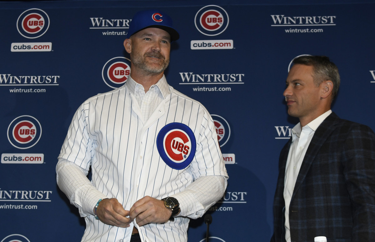 CHICAGO, ILLINOIS - OCTOBER 28:  David Ross, new manager of the Chicago Cubs (L) and Jed Hoyer, general manager of the Cubs (R) as Ross is introduced to the media at Wrigley Field on October 28, 2019 in Chicago, Illinois. (Photo by David Banks/Getty Images)
