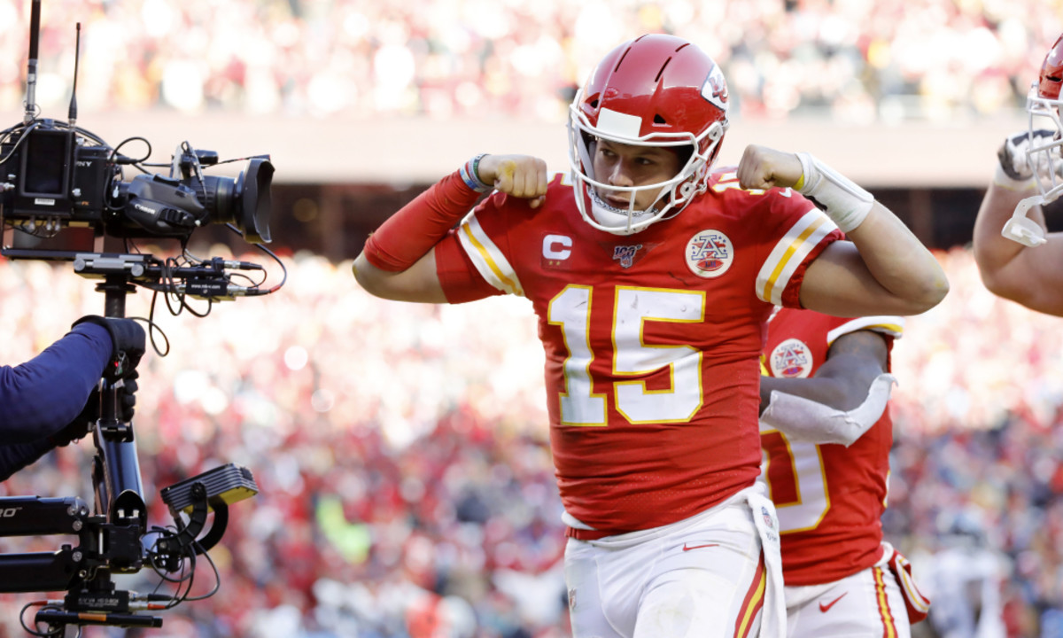 Kansas City Chiefs quarterback Patrick Mahomes reacts after scoring a touchdown during an NFL, AFC Championship football game Sunday, Jan. 19, 2020, in Kansas City, MO. The Chiefs won 35-24 to advance to Super Bowl 54. (AP Photo/Colin E. Braley) ORG XMIT: NYOTK