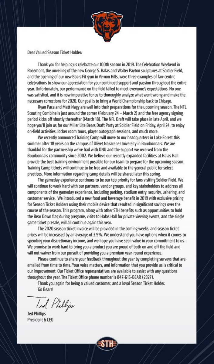 Letter To Fans From Chicago Bears President Ted Phillips