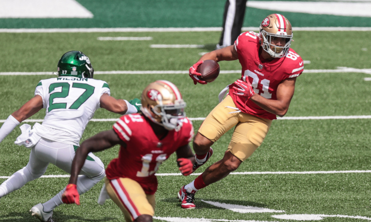 Sep 20, 2020; East Rutherford, New Jersey, USA; San Francisco 49ers tight end Jordan Reed (81) runs after catching a pass during the first quarter against the New York Jets at MetLife Stadium. Mandatory Credit: Vincent Carchietta-USA TODAY Sports
