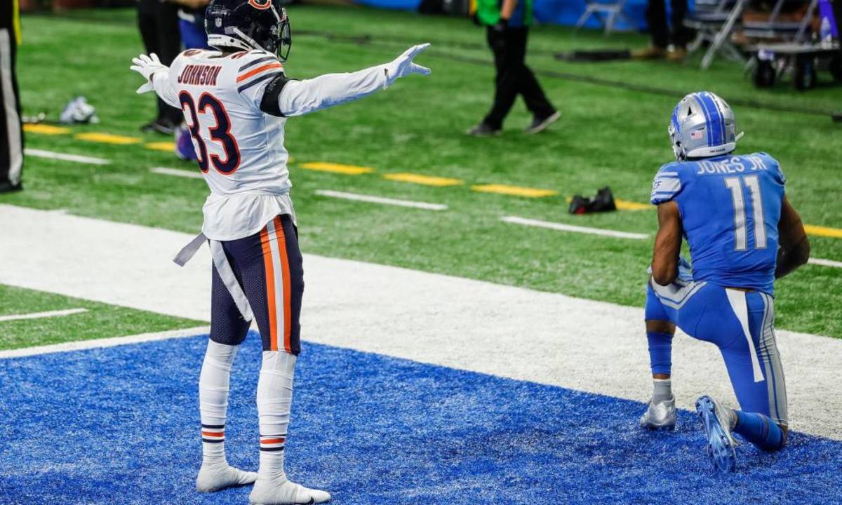 Chicago Bears cornerback Jaylon Johnson celebrates an incomplete pass intended for Detroit Lions receiver Marvin Jones on the final play of the Lions' 27-23 loss at Ford Field, Sunday, Sept. 13, 2020.