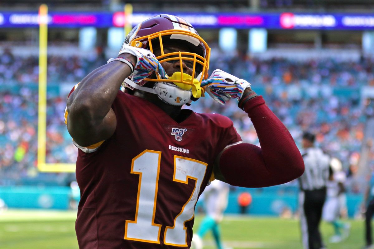Oct 13, 2019; Miami Gardens, FL, USA; Washington Redskins wide receiver Terry McLaurin (17) celebrates after scoring a touchdown in the second quarter of the game against the Miami Dolphins at Hard Rock Stadium. Mandatory Credit: Sam Navarro-USA TODAY Sports
