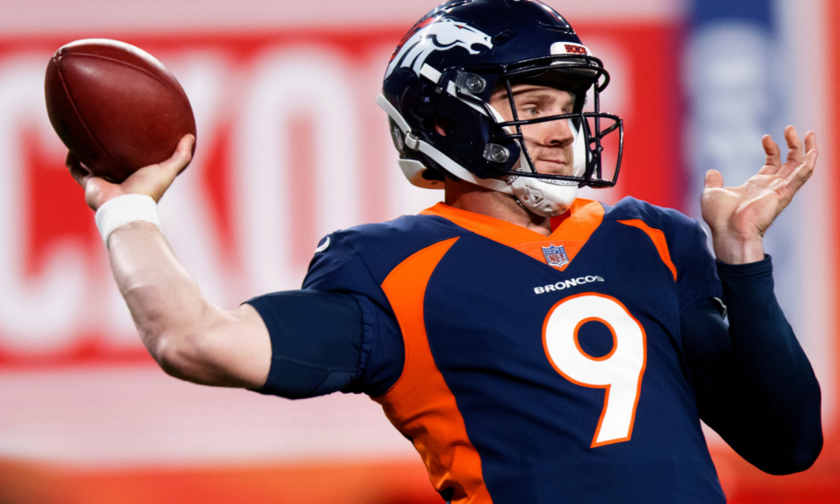 Denver Broncos quarterback Jeff Driskel (9) throws while warming up before an NFL football game against the Tennessee Titans, Monday, Sept. 14, 2020, in Denver. (AP Photo/Justin Edmonds)