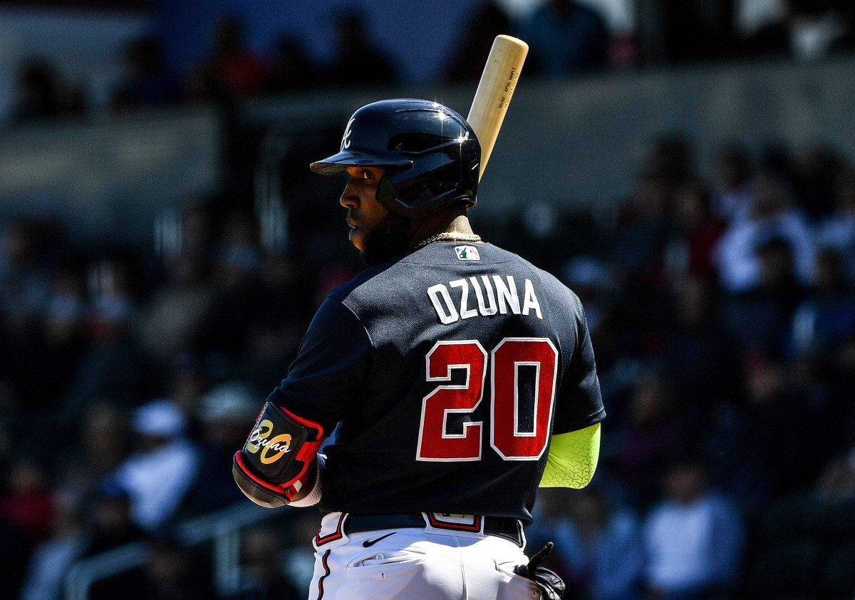 VENICE, FLORIDA - FEBRUARY 28: Marcell Ozuna #20 of the Atlanta Braves looks back for the signal in the first inning during the spring training game against the New York Yankees at Cool Today Park on February 28, 2020 in Venice, Florida. (Photo by Mark Brown/Getty Images)