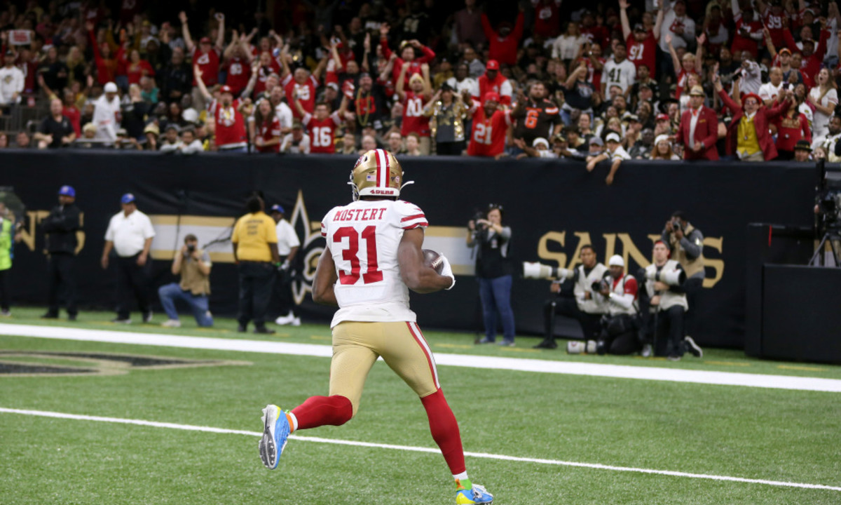 Dec 8, 2019; New Orleans, LA, USA; San Francisco 49ers running back Raheem Mostert (31) runs in for a touchdown after a catch in the second quarter against the New Orleans Saints at the Mercedes-Benz Superdome. Mandatory Credit: Chuck Cook-USA TODAY Sports