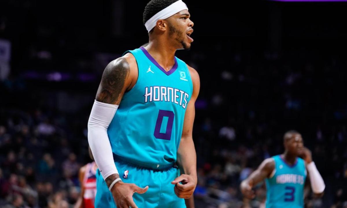 Dec 10, 2019; Charlotte, NC, USA; Charlotte Hornets forward Miles Bridges (0) reacts to a foul call in the first half against the Washington Wizards at Spectrum Center. Mandatory Credit: Jeremy Brevard-USA TODAY Sports