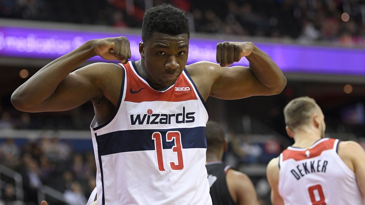 Washington Wizards center Thomas Bryant (13) reacts during the second half of an NBA basketball game against the Chicago Bulls, Wednesday, April 3, 2019, in Washington. The Bulls won 115-114. (AP Photo/Nick Wass)