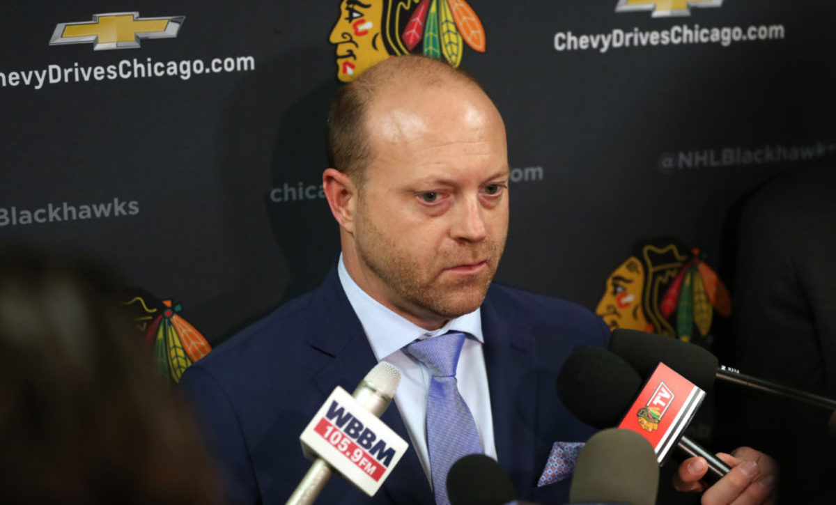 CHICAGO, IL - JANUARY 10:  Stan Bowman, Chicago Blackhawks senior vice president and general manager, speaks to the media in between periods of the game between the Chicago Blackhawks and the Minnesota Wild at the United Center on January 10, 2018 in Chicago, Illinois.  (Photo by Chase Agnello-Dean/NHLI via Getty Images)