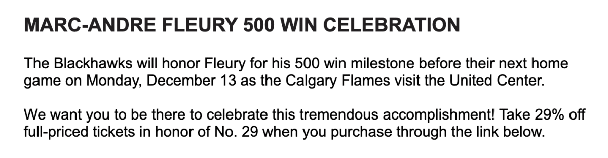 Marc-Andre Fleury 500 Wins Ceremony