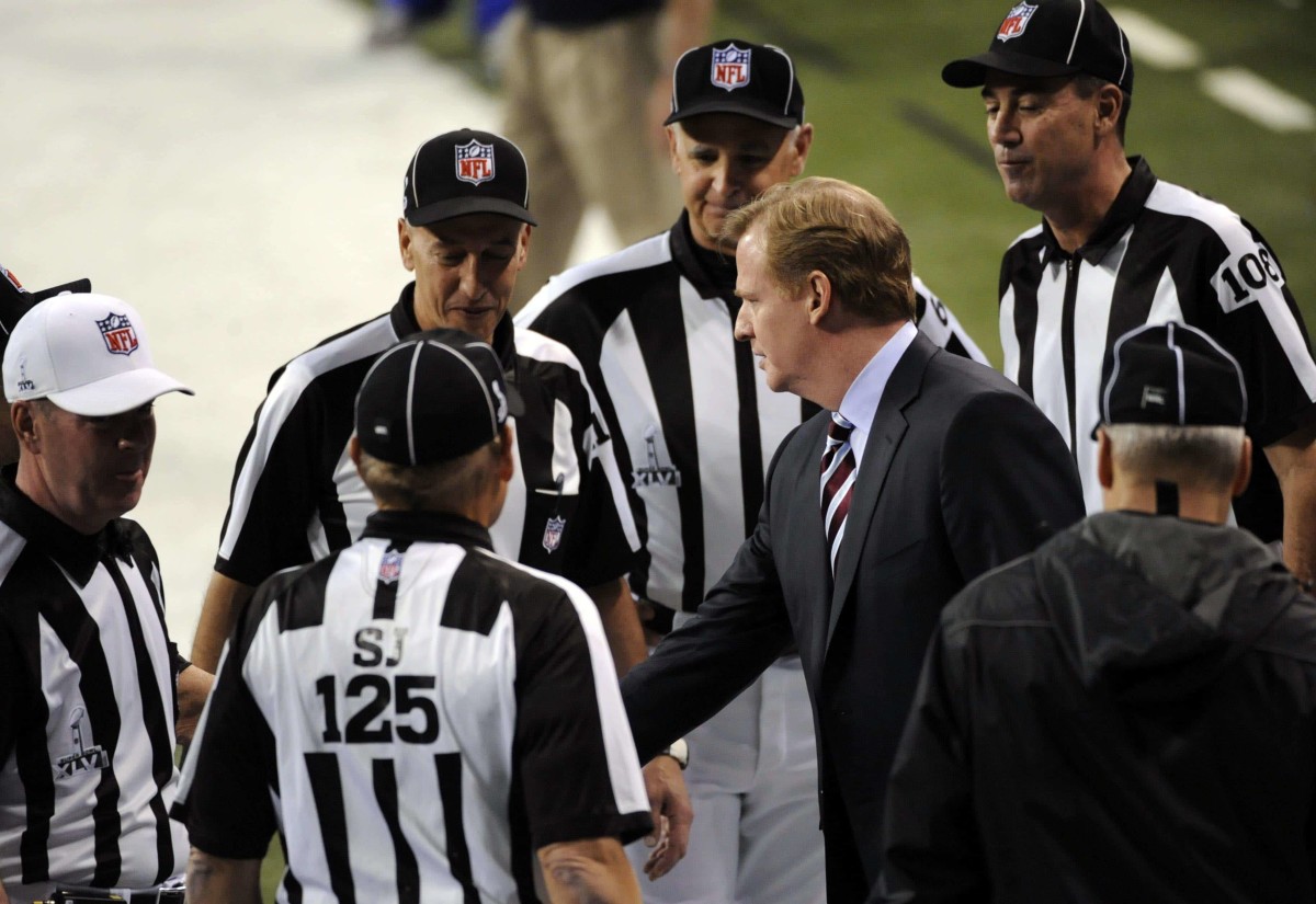 Feb 5, 2012; Indianapolis, IN, USA; NFL commissioner Roger Goodell during Super Bowl XLVI between the New England Patriots and the New York Giants at Lucas Oil Stadium.  Mandatory Credit: Richard Mackson-US PRESSWIRE