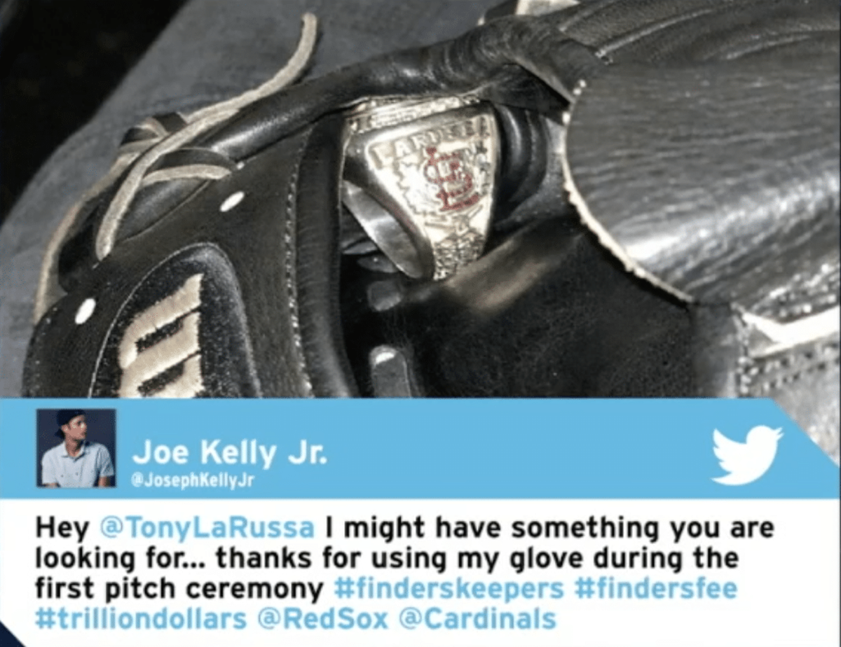 Joe Kelly tweets at Tony La Russa after finding his World Series ring in his glove.