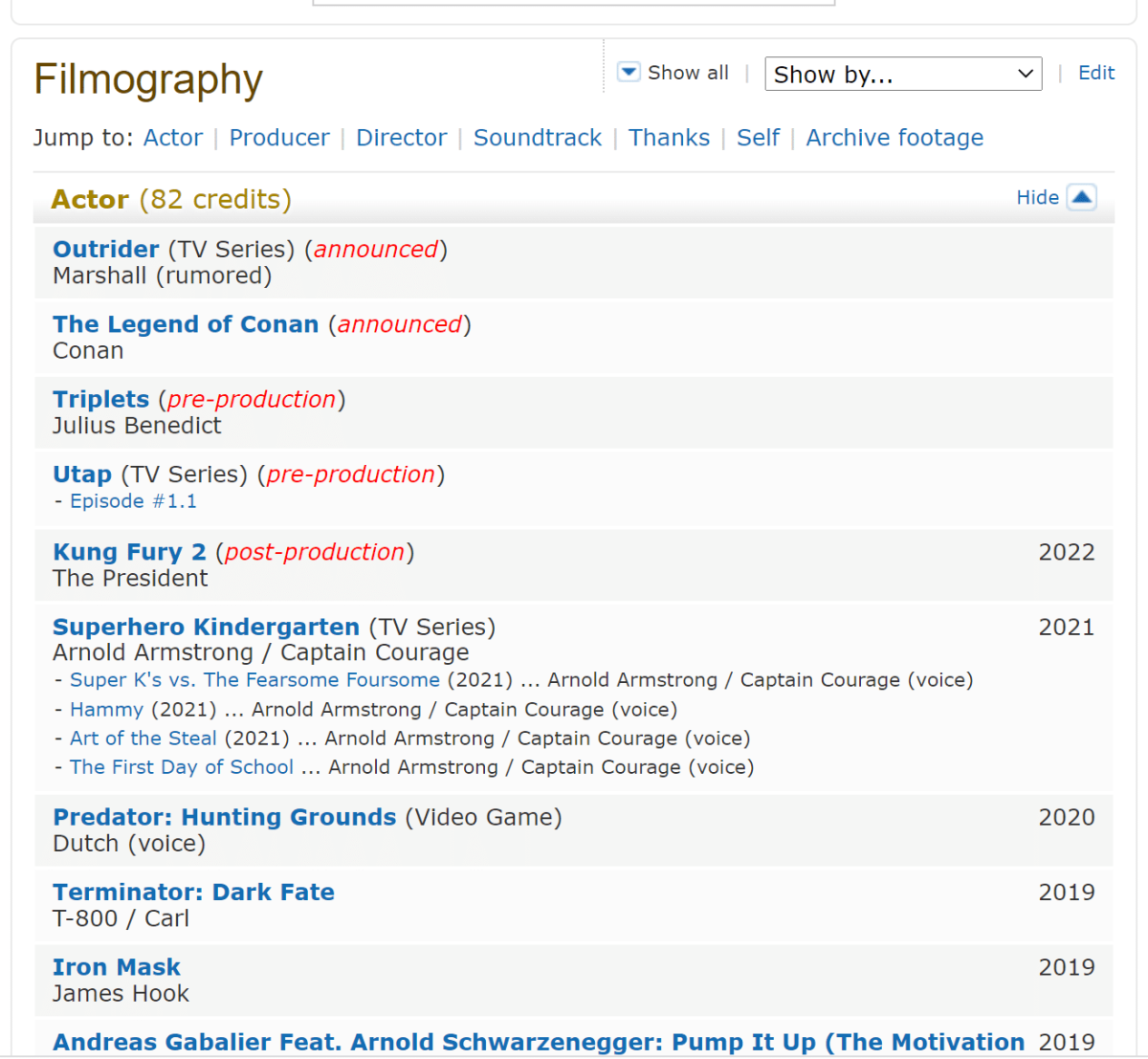A screenshot of Arnold Schwarzengger's IMDB page.