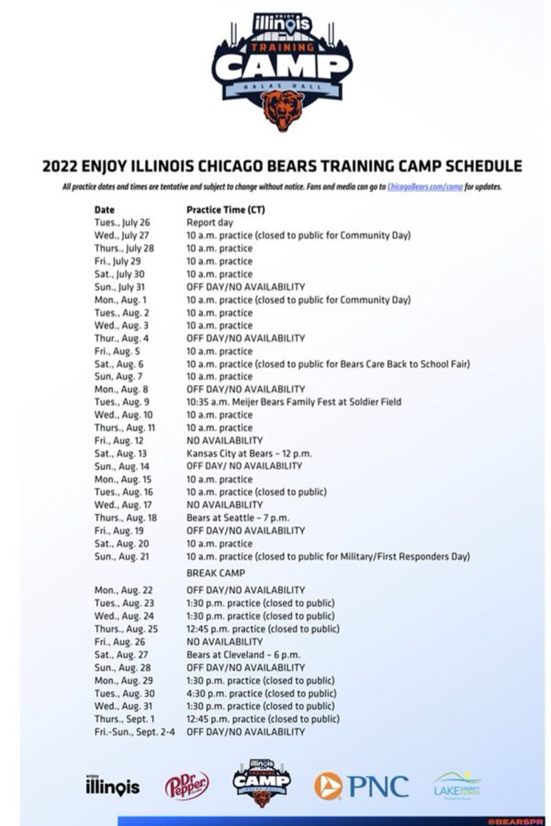 Chicago Bears Training Camp Halas Hall public dates