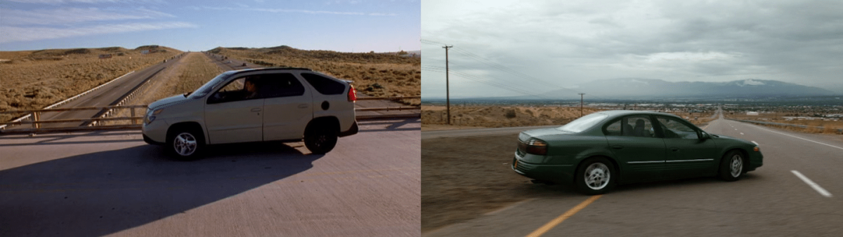 Walt's car from Breaking Bad and Kim's newest car from Better Call Saul. Walt drives a green Pontiac Aztec and Kim drives a green Pontiac Bonneville.