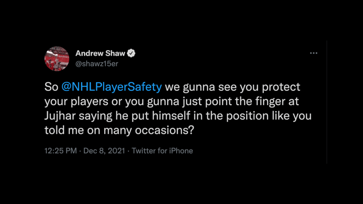 Andrew Shaw Tweet NHL Player Safety