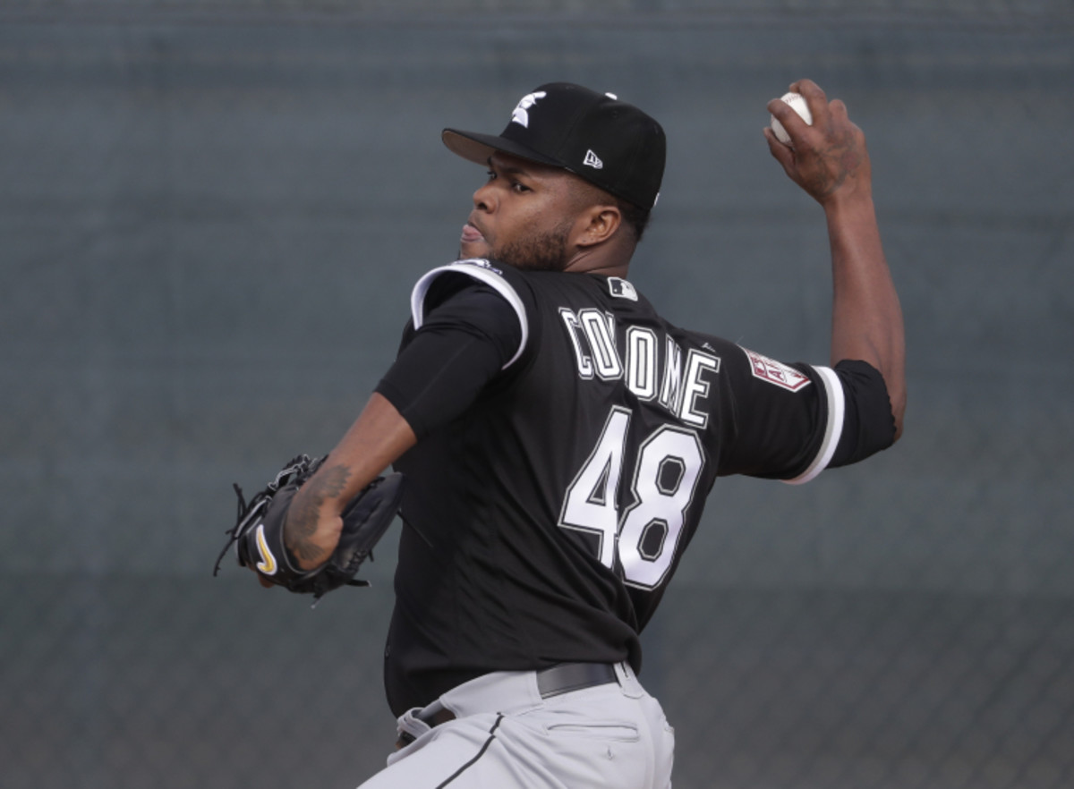 Chicago White Sox's Alex Colome throws during a spring training baseball workout Saturday, Feb. 16, 2019, in Glendale, Ariz. (AP Photo/Morry Gash) ORG XMIT: AZMG117