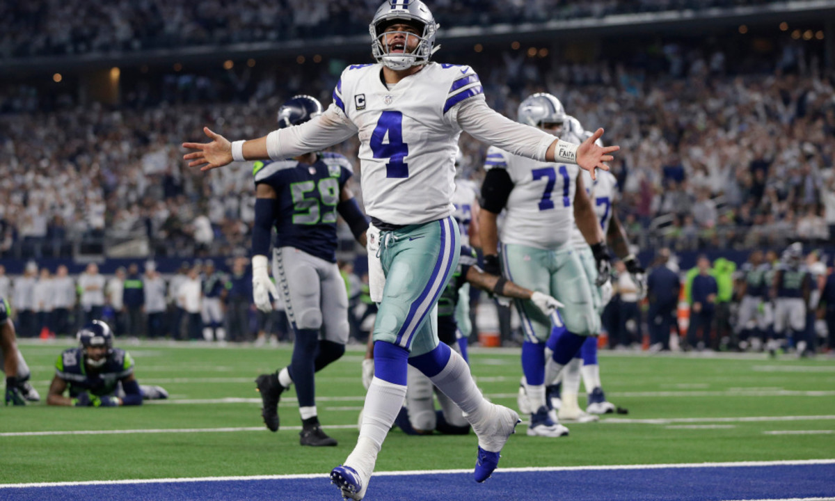 Jan 5, 2019; Arlington, TX, USA; Dallas Cowboys quarterback Dak Prescott (4) reacts to running down to the one yard line in the fourth quarter in a NFC Wild Card playoff football game at AT&amp;T Stadium. Mandatory Credit: Tim Heitman-USA TODAY Sports