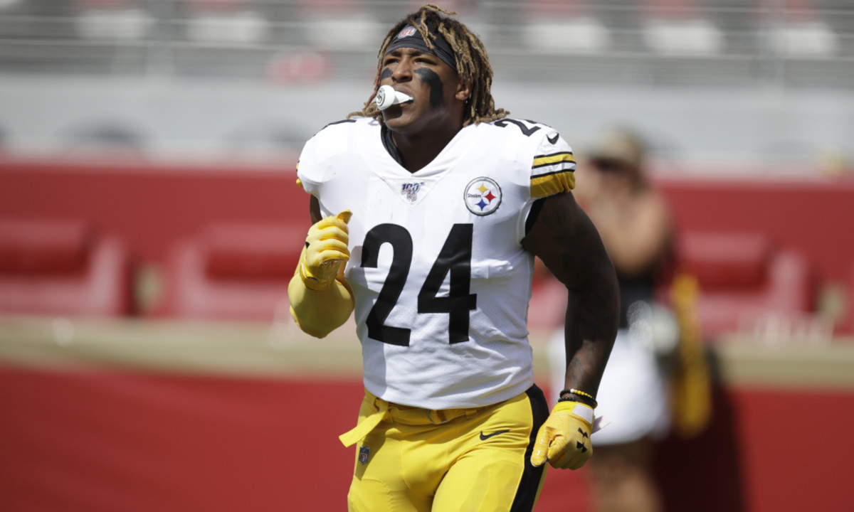 Pittsburgh Steelers running back Benny Snell (24) before an NFL football game against the San Francisco 49ers in Santa Clara, Calif., Sunday, Sept. 22, 2019. (AP Photo/Ben Margot)