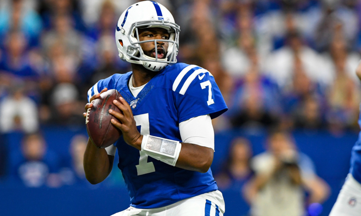 Indianapolis Colts quarterback Jacoby Brissett (7) during the first half of an NFL football game against the Oakland Raiders in Indianapolis, Sunday, Sept. 29, 2019. (AP Photo/Doug McSchooler)