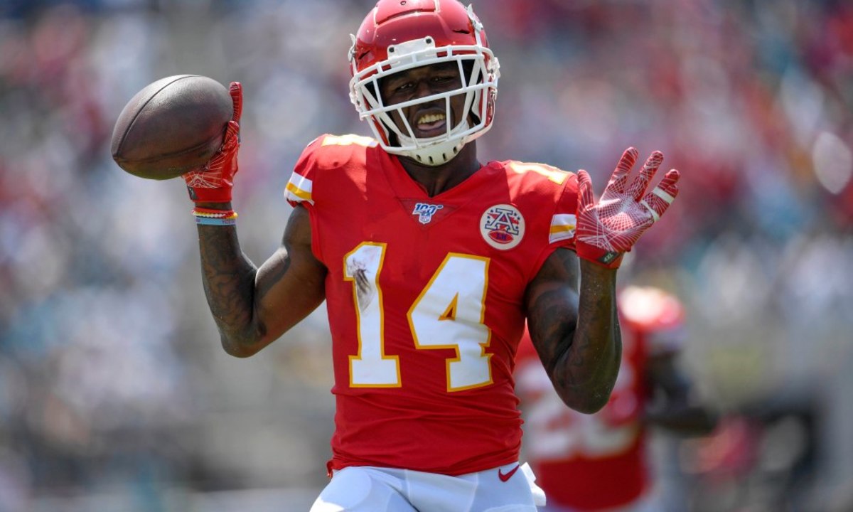Sep 8, 2019; Jacksonville, FL, USA; Kansas City Chiefs wide receiver Sammy Watkins (14) reacts after scoring his second touchdown of the game during the first quarter against the Jacksonville Jaguars at TIAA Bank Field. Mandatory Credit: Douglas DeFelice-USA TODAY Sports