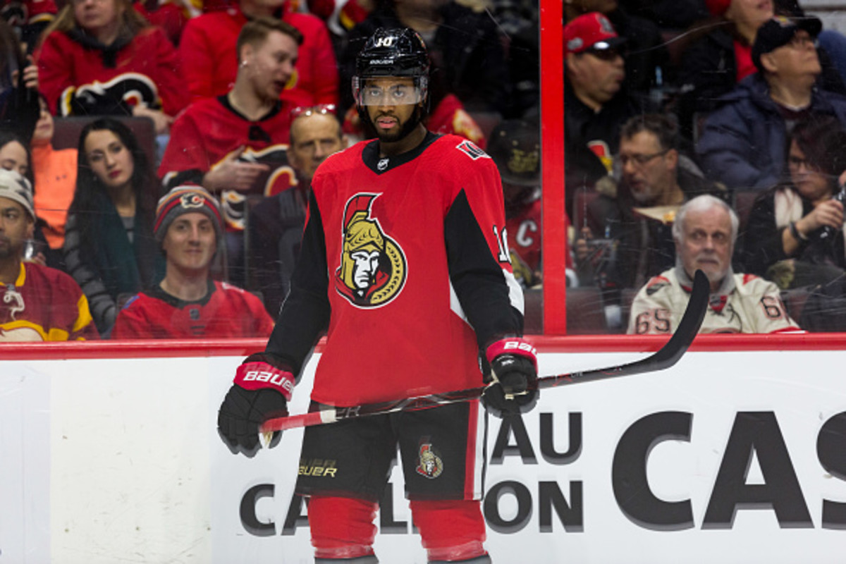 OTTAWA, ON - FEBRUARY 24: Ottawa Senators Left Wing Anthony Duclair (10) waits for a face-off during second period National Hockey League action between the Calgary Flames and Ottawa Senators on February 24, 2019, at Canadian Tire Centre in Ottawa, ON, Canada. (Photo by Richard A. Whittaker/Icon Sportswire via Getty Images)