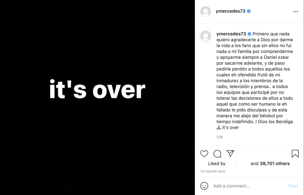 Yermin Mercedes Retirement Instagram Post