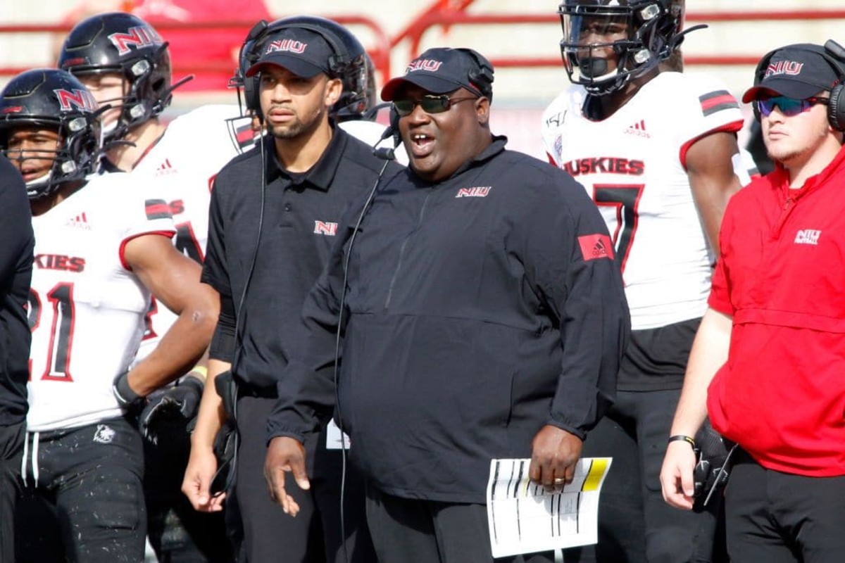 OXFORD, OHIO - OCTOBER 19: Head coach Thomas Hammock of the Northern Illinois Huskies on the sidelines in the game against the Miami of Ohio Redhawks during the second quarter at Yager Stadium on October 19, 2019 in Oxford, Ohio. (Photo by Justin Casterline/Getty Images)