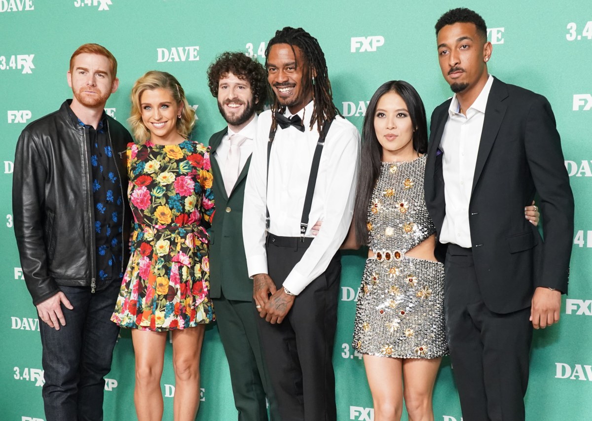 LOS ANGELES, CALIFORNIA - FEBRUARY 27:  (L-R) Andrew Santino, Taylor Misiak, Dave Burd, Gata, Christine Ko and Travis "Taco" Bennett attend the premiere of FXX's "Dave" at Directors Guild Of America on February 27, 2020 in Los Angeles, California. (Photo by Rachel Luna/Getty Images)