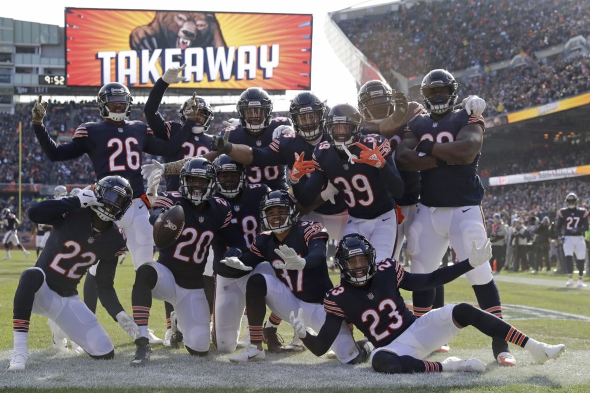 Chicago Bears cornerback Prince Amukamara (20) celebrates a touchdown with his teammates during the first half of an NFL football game against the Detroit Lions Sunday, Nov. 11, 2018, in Chicago. (AP Photo/Nam Y. Huh)