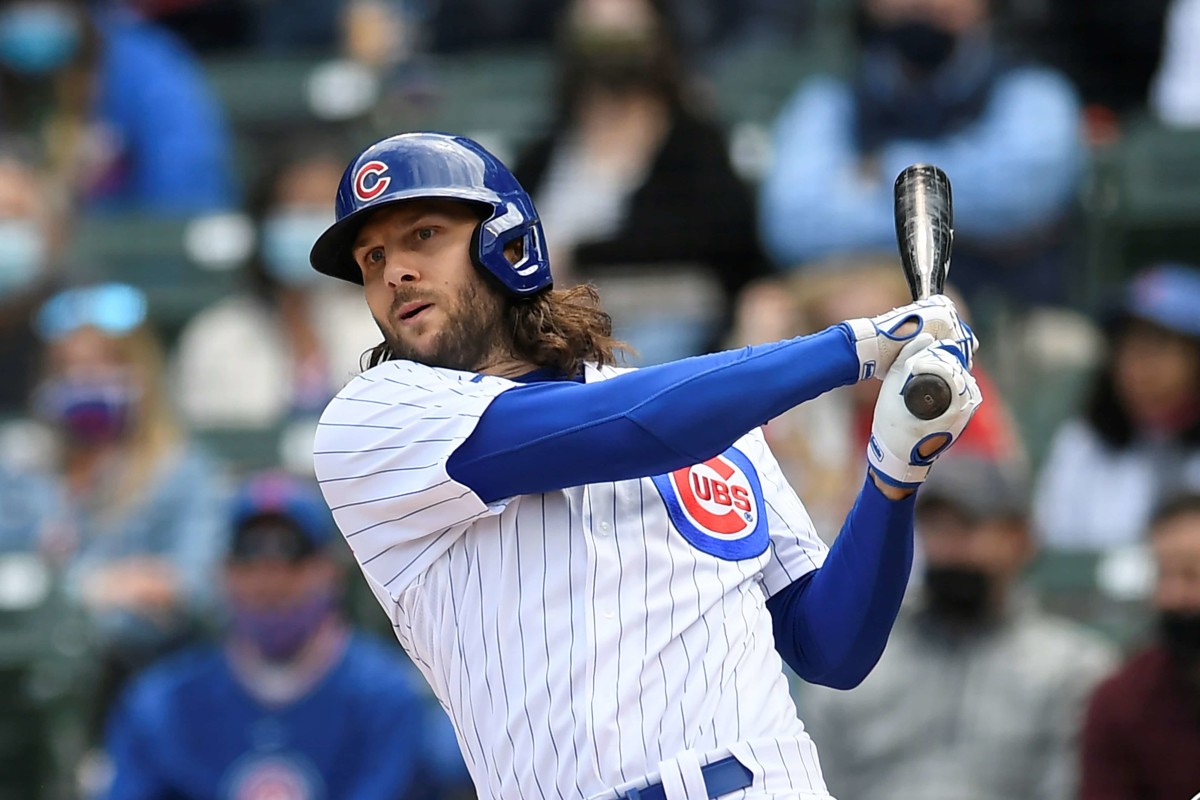 Chicago Cubs' Jake Marisnick watches his 3 RBI double during the first inning of a baseball game against the Milwaukee Brewers Friday, April 23, 2021, in Chicago. (AP Photo/Paul Beaty)
