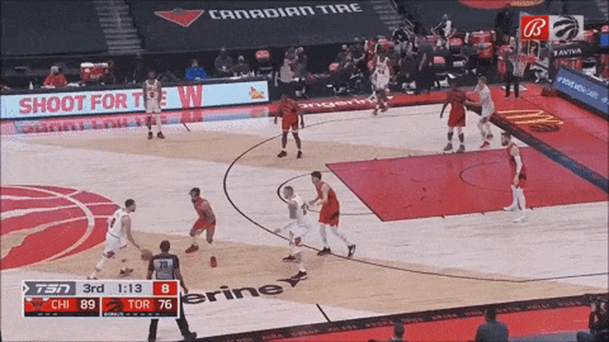 Weird 1-2-2 zone look from Toronto. What is Baynes accomplishing here?