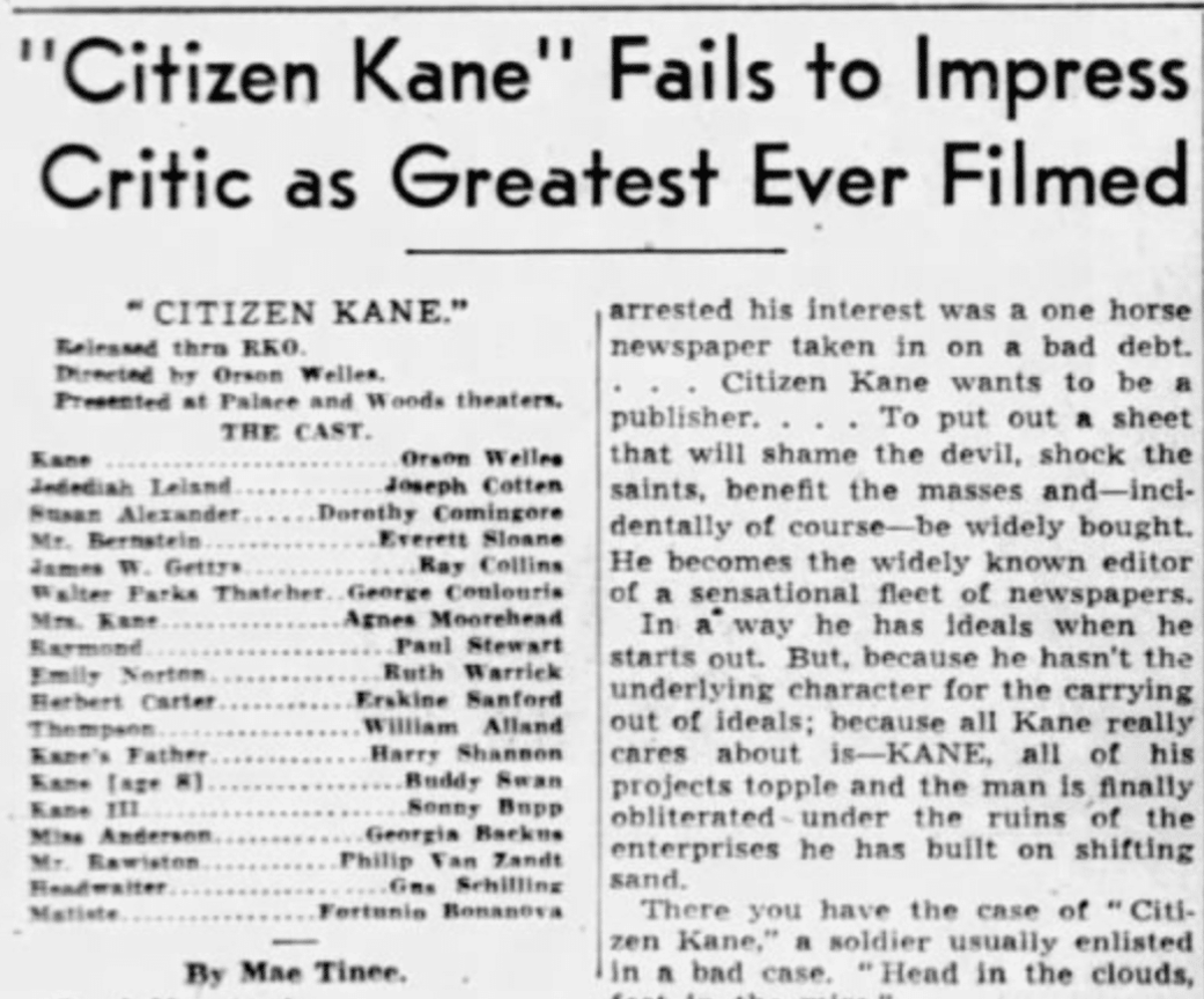 Credit: Chicago Tribune 7 May, 1941. Accessed at https://www.newspapers.com/clip/72431782/citizen-kane/
