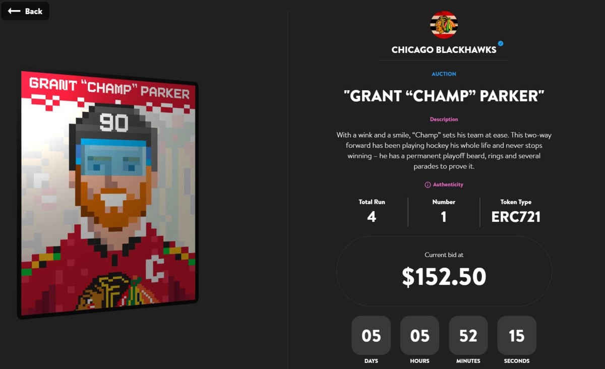 A screenshot from blackhawksNFT.com showing one of their new NFT designs, Grant "Champ" Parker. Parker is the listed as being a two-way forward and he wears jersey number 90.