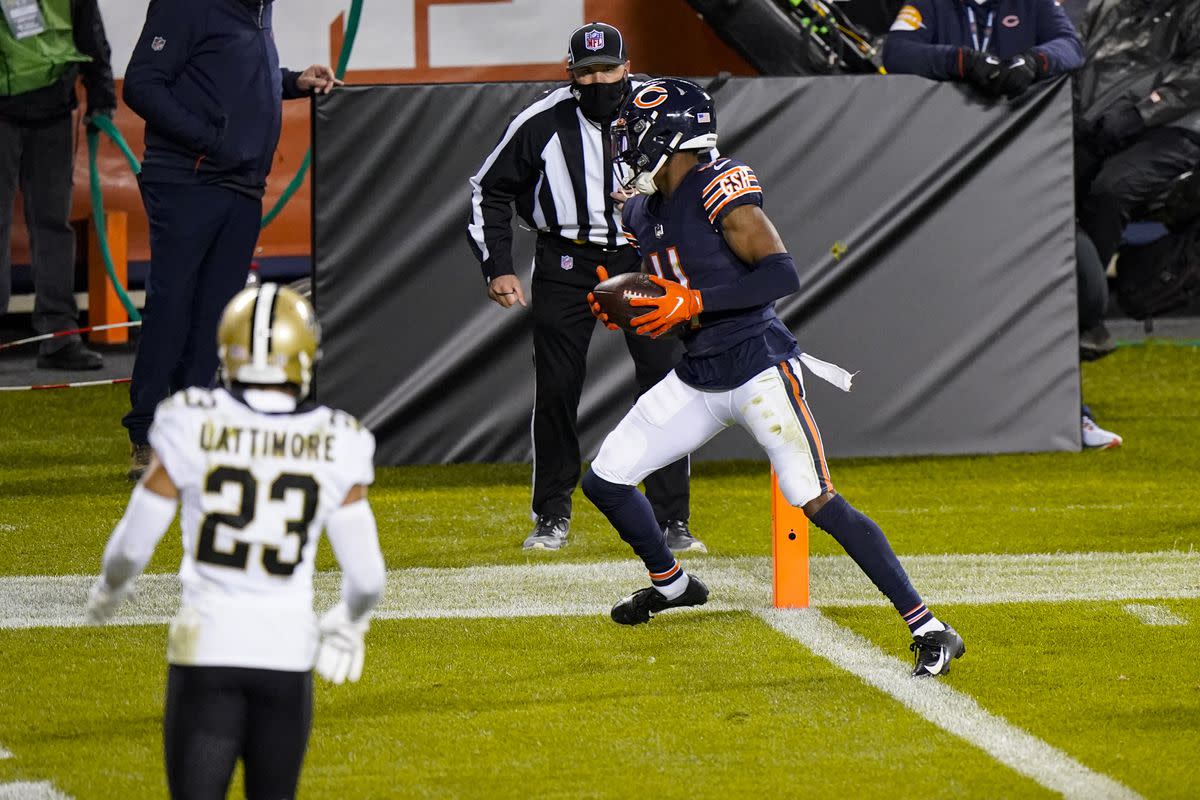 Darnell Mooney scored a touchdown to go along with five catches for 69 yards the last time the Bears and Saints played. However, the burner's speed may be diminished due to his ankle injury, forcing him to miss Sunday's rematch.Photo: Nam Y. Huh/AP