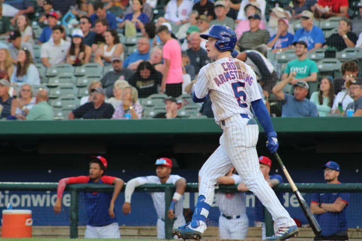 Chicago Cubs prospect Pete Crow-Armstrong follows through a swing for the South Bend Cubs