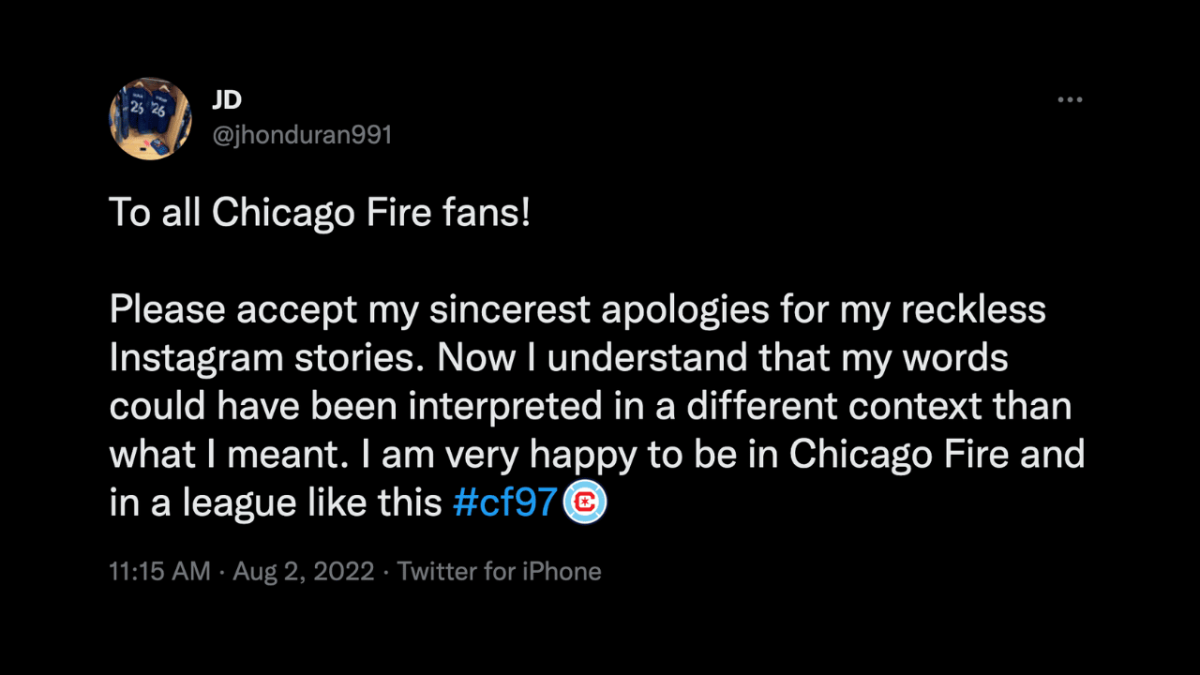 Jhon Duran Chicago Fire Apology Tweet for Instagram Story
