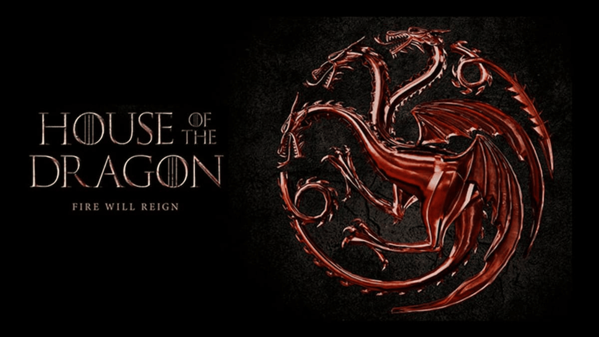 House of the Dragon poster showing the three-headed dragon symbol for house Targaryean with the words "Fire will reign" written