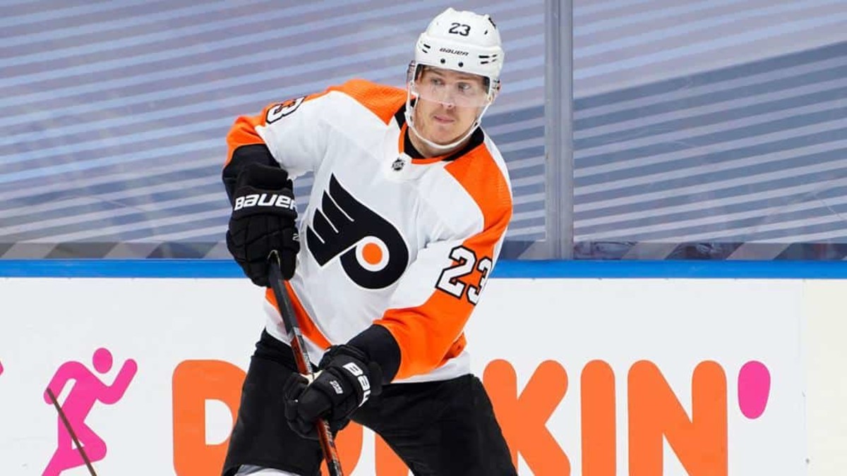 Oskar Lindblom handles the puck for the Philadelphia Flyers