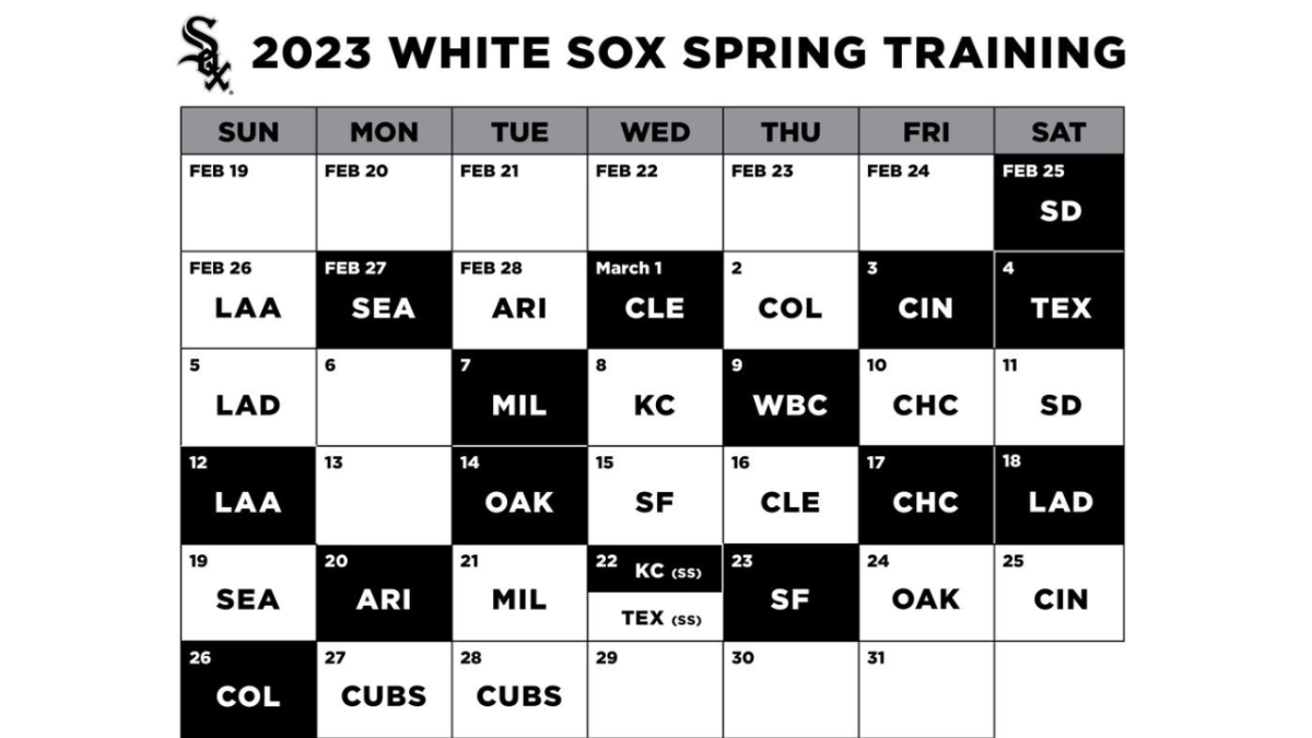 February/March 2023 Calendar Graphic depicting the Chicago White Sox Spring Training schedule