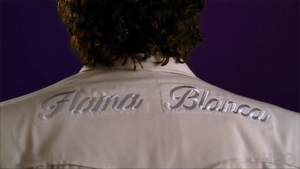 Kenny Powers shows off the back of his "Flama Blanca" jacket in an Eastbound and Down "One More Inning" promo