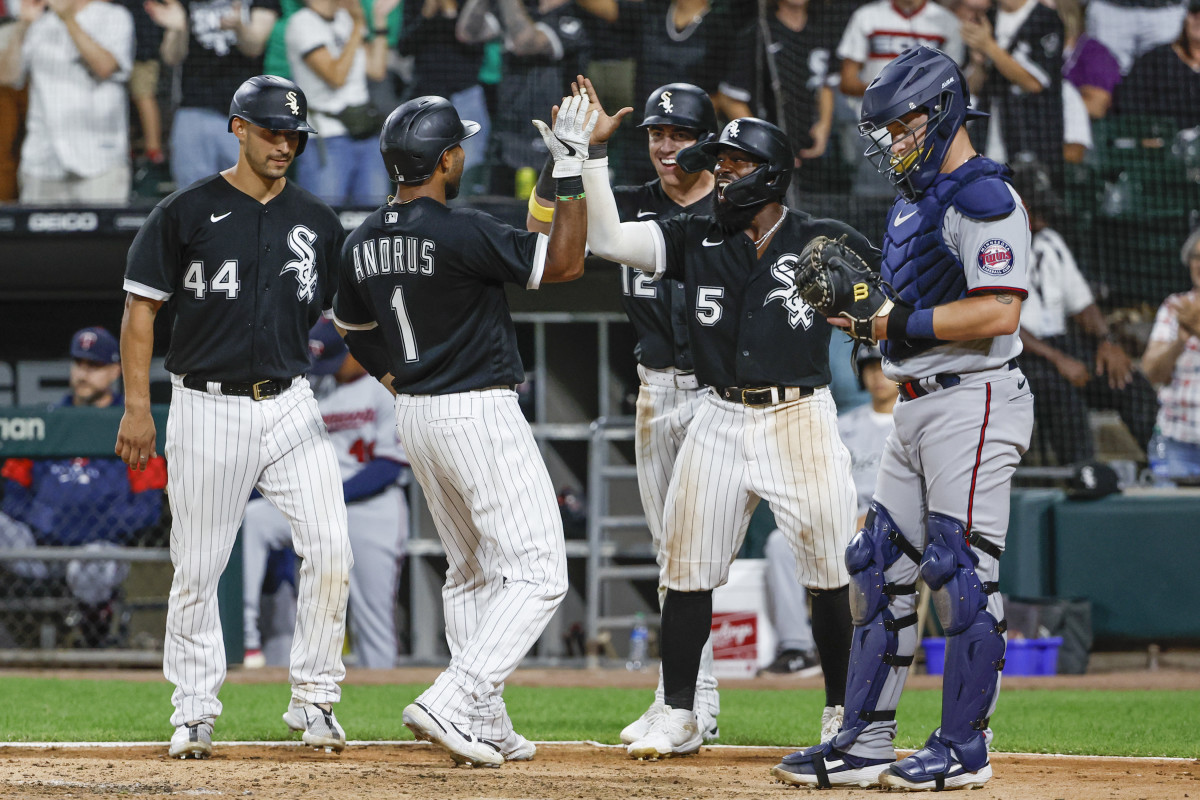 Sep 3, 2022; Chicago, Illinois, USA; Chicago White Sox shortstop Elvis Andrus (1) celebrates with teammates after hitting a grand slam against the Minnesota Twins during the eight inning at Guaranteed Rate Field.