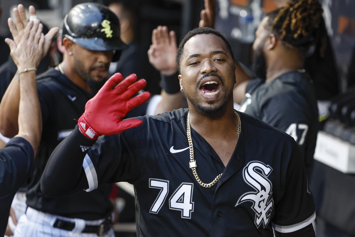 Sep 3, 2022; Chicago, Illinois, USA; Chicago White Sox left fielder Eloy Jimenez celebrates in the dugout after hitting a three-run home run against the Minnesota Twins during the first inning at Guaranteed Rate Field.