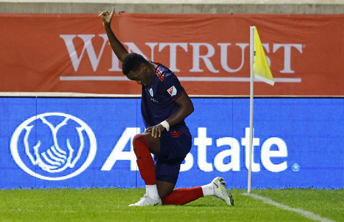 Sep 10, 2022; Chicago, Illinois, USA; Chicago Fire forward Jhon Duran (26) reacts after scoring a goal against Inter Miami during the second half at Bridgeview Stadium.