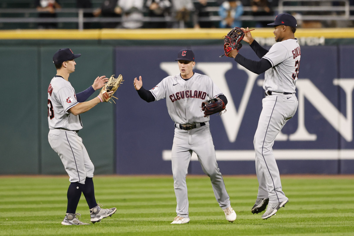 Sep 22, 2022; Chicago, Illinois, USA; Cleveland Guardians players celebrate their win against the Chicago White Sox at Guaranteed Rate Field.