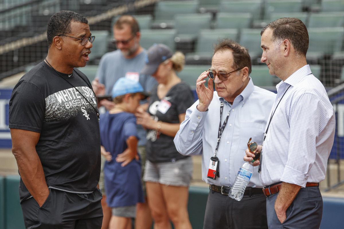 Sep 2, 2022; Chicago, Illinois, USA; Chicago White Sox executive vice president Ken Williams (L) talks with owner Jerry Reinsdorf (C) and general manager Rick Hahn (R) as they stand on the sidelines before a baseball game against Minnesota Twins at Guaranteed Rate Field.
